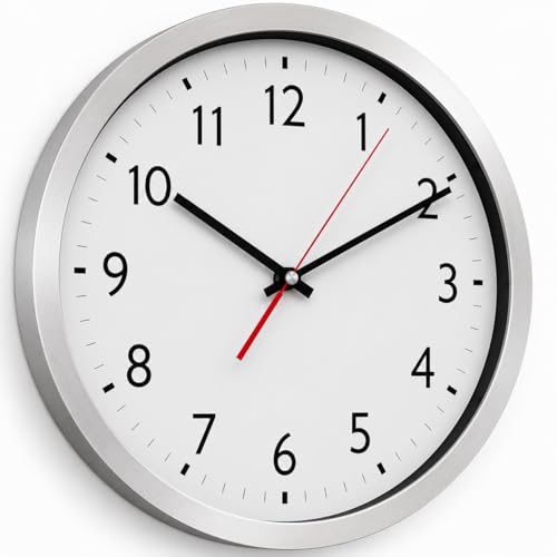 CABLEPELADO Reloj de Pared Analógico Silencioso de 25 cm, Marco Plateado, Movimiento de Cuarzo de Alta Precisión, Esfera Blanca con Números Grandes, Diseño Moderno para Salón, Cocina, Oficina