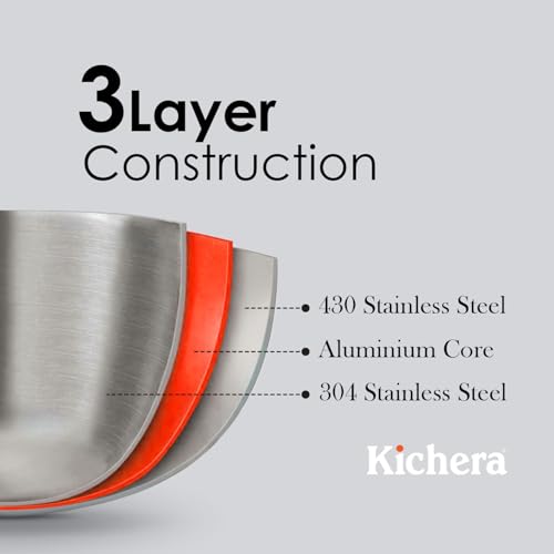 Image of Kichera Triply Stainless Steel Kadai with lid | 24cm /9.4 inch, 2.5Ltr, 1.7kg| Smooth Finished Flat Bottom Induction Deep Fry Kadhai |Ideal for All cooktops Cookware | 3 Layer Kadai for Cooking