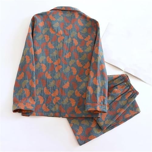 Vintage Leaf Cotton Lapel Loungewear Set, Ginkgo Leaf Neckline Button Colorful Floral Pure Pajama, Pajama Two Piece Set4