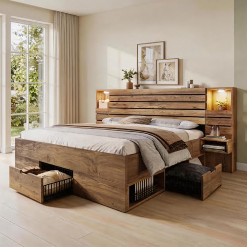 Lit 160x200 cm avec sommier à lattes avec spots LED et port USB Type-C,lit coffre tiroirs,cadre de lit 2 personnes avec rangement,lit double,niche...