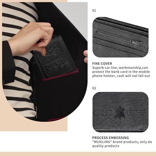 Image of Mens Rodeo Short Wallet Western RFID-Blocking Bifold Leather Wallet with ID Window - Full Grain Leather Wallets Unique Gift for Men, 02--Black