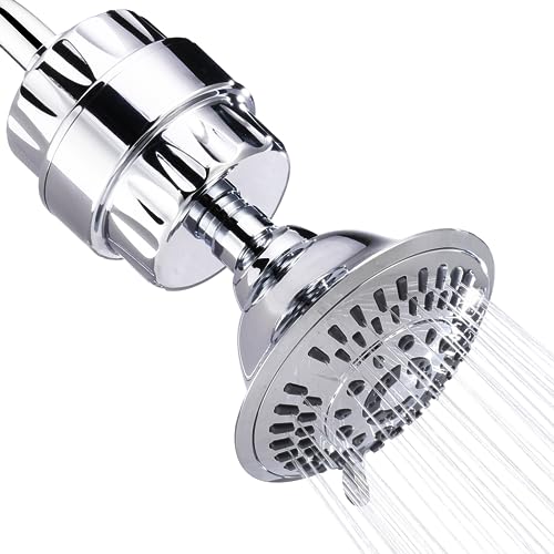 Bright Showers High Pressure Shower Head with Shower Filter, 5 Spray Settings, Polished Chrome, Removes Chlorine, Fluoride, Sediments, 4.7
