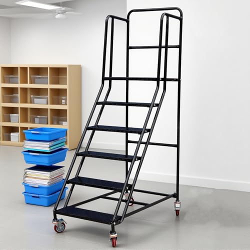 Image of 6 Step Rolling Ladder - Mobile Rolling Stairs with Wheels, Heavy Duty Industrial Safety Non-Slip Metal Rolling Ladders, 880lbs Capacity, for Warehouse, Garage, Supermarket