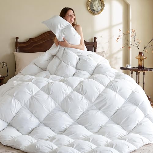 Image of KAKABELL Pinch Pleat Goose Down Feathers Fiber Comforter King Size All Season-Ultra Soft and Cozy Noiseless Duvet Insert with Egyptian Cotton Blend Cover,Fluffy Warm Comforter Insert(White,90 inchX106 inch)