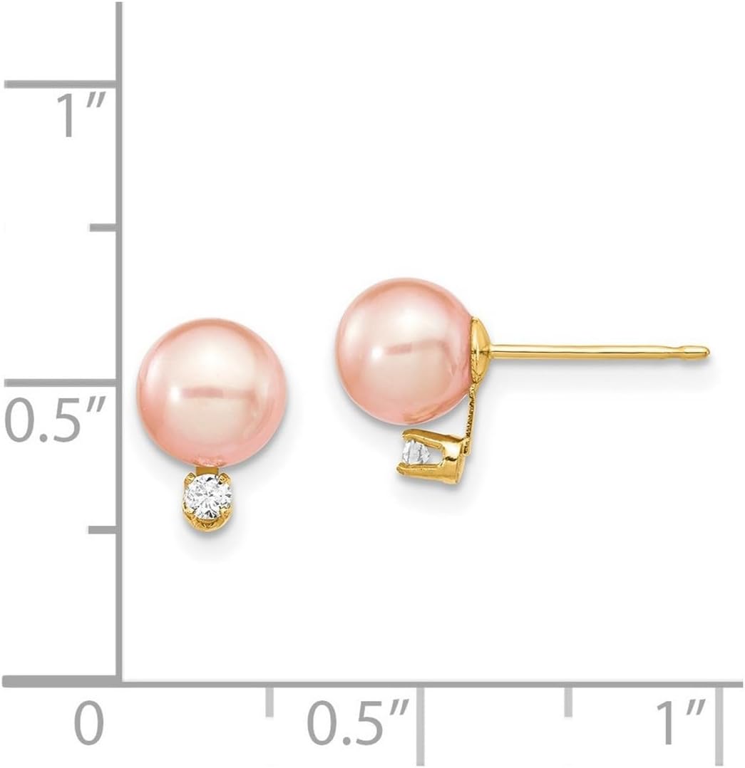 14k Solid Yellow Gold Round Pink Freshwater Cultured Pearl Diamond Post Earrings Stud Earring for Women in - Image 2