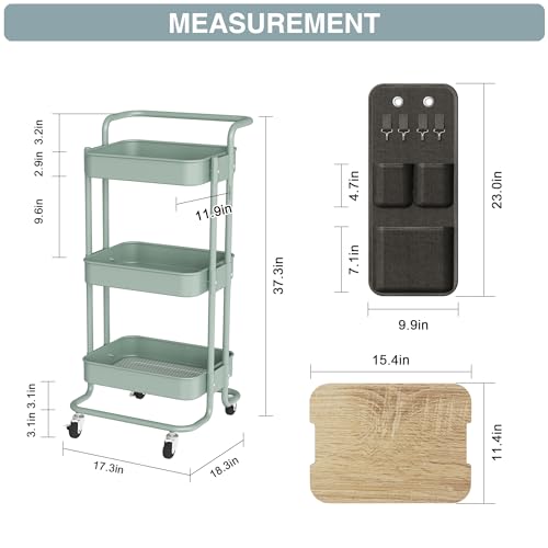 Image of DTK 3-Tier Rolling Cart with Table Top, Metal Utility Cart with Side Bags | Tray Storage Organizer, Lockable Wheels, 4 Hooks, Art Cart for Kitchen, Bathroom, Office, Craft room, Living room, Green