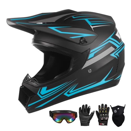 Youth Motocross Kids Dirt Bike Helmets ATV Bump Safty Full Face Motorcycle Helmet Off-Road Mountain Bike Helmet with Goggles Gloves Mask DOT Approved (Blue, Large)