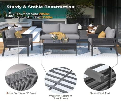 Image of 4 Seater Indoor /Outdoor Rope Woven Patio Conversation Set Powder-Coated Iron Frame Handwoven Weaving Rope Modern Sofa for Balcony,Backyard,Living Room,Waterproof Furniture(Grey)