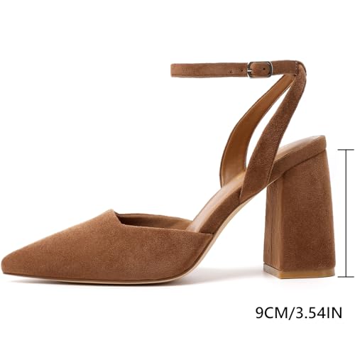 Image of RIBONGZ Block Heels for Women Closed Pointed Toe Heeled Slingback Chunky High Heel Ankle Strap Pumps Patent Leather Comfort Dressy Shoes for Work Party Prom Wedding Bridal Dress