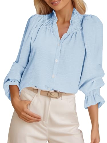 Tankaneo Womens Puff Long Sleeve Button Down Shirts Ruffle Mock Neck Blouses Dressy Casual Loose Fit Tops