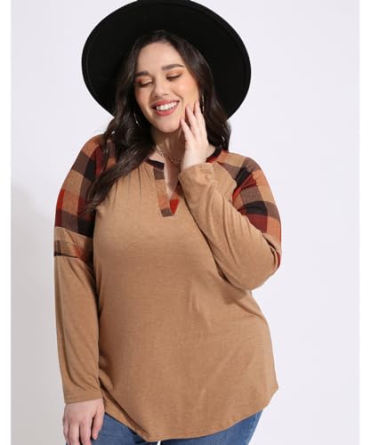 Image of CARCOS Plus Size Tops for Women Long Sleeve Fall Tunic Color Block Camo /Plaid /Leopard /Fall Blouse Crewneck Tshirt XL-5XL