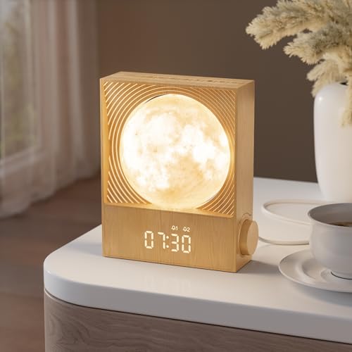 RETEYUNG Réveil Simulateur d'Aube avec Lampe Lunaire Rotative - 15 Sonneries, Veilleuse 8 Couleurs, Lampe de Chevet 3 Luminosités avec 10 Sons Naturels - Pour Enfants, Adolescents et Adultes