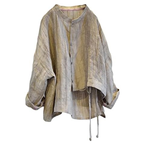 NFYM Women's Linen Asymmetrical Shirt Top Irregular Hem Tie Retro Stand Collar Button Blouse Shirts (as1, Alpha, one_Size, Regular, Regular, Khaki) Cover