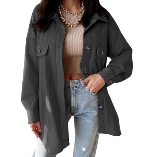 VICHYIE Womens Corduroy Shacket Blouses Button Down Shirts Pocket Long Sleeves Tops Jacket Coats Small Dark Grey