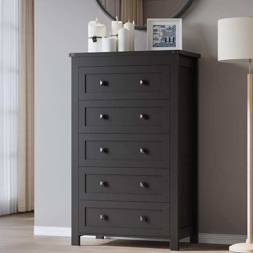 Image of BORNOON Tall 5-Drawer Dresser, Modern Wooden Storage Chest of Drawers, Dresser TV Stand, Wood Drawer Organizer with Metal Handles for Bedroom, Living Room, Hallway