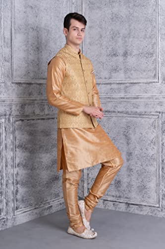 Image of Uri and MacKenzie Men's Silk Blend Regular Kurta Churidar Pyjama with Bundi Nehru Jacket /Waistcoat
