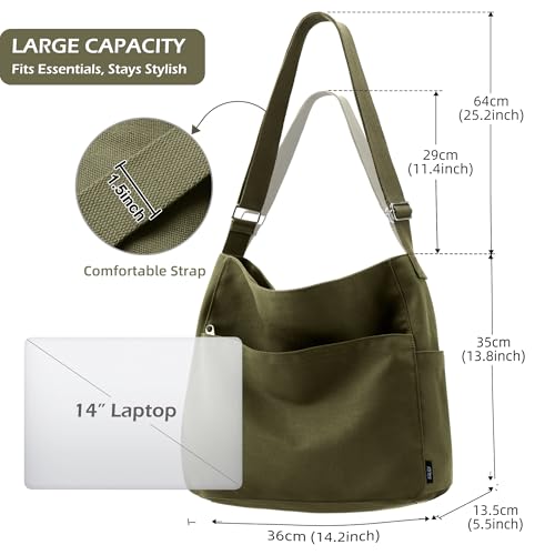 Image of KALIDI Canvas Tote Bag Zipper Large Crossbody Shoulder Bag Messenger Bag | Hobo Purse Cross Body Handbag for Women or Men Casual College Work Travel Daily Commuting Everyday