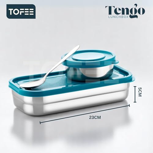 Image of TOFEE Big Stainless Steel Lunch Box for Office & School | Leak-Proof Tiffin with Small Container & Spoon | BPA-Free Airtight Lid | Compact & Durable Lunch Box for Travel (900ml) (Blue Combo)