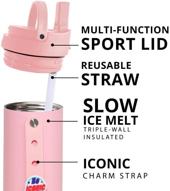 Miniatura 3 de Elemental Iconic - Botella de agua para niños con tapa de popote y correa de dijes, a prueba de fugas cuando está cerrada, botella de agua