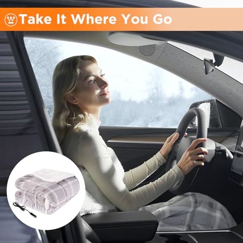 Image of Westinghouse Heated Car Blanket, 12-Volt Electric Blanket for Car, Truck, SUV, RV, Portable Heated Throw for Camping, Beige Buffalo Plaid, 59 inch x 43 inch