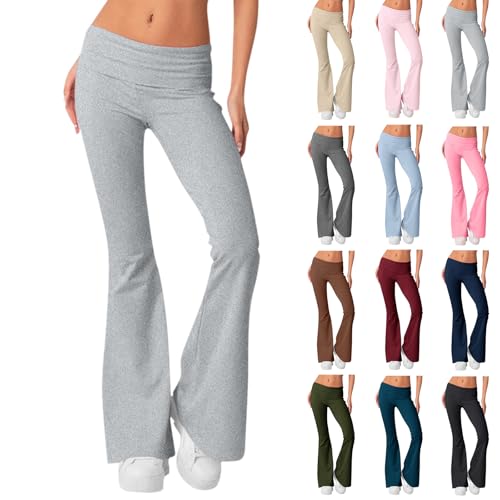Wide Leg Yoga Pants for Women Y2k Low Rise Flare Wide Leg Sweatpants Buttery Soft Workout Bell Bottom Bootcut Cotton Fold Over Flare Leggings Cute Stretch Comfy Lounge Pants Teen Girls Y2k Clothes