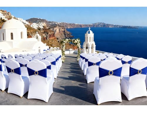Image of Royal Blue Chair Sashes 50 Pack, Spandex Blue Chair Bows with Gold Buckle for Wedding Decoration, Stretch Blue Chairs Bands for Party Banquet Gender Reveal Decor