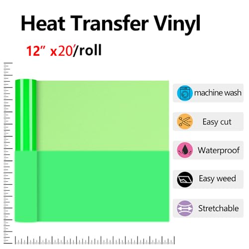 Image of HTVVETUR Glow in The Dark HTV Heat Transfer Vinyl Roll 12 Inch by 20 Feet Iron on DIY for T-Shirt PU Stretch Elastic HTV Vinyl (Dark in Glow Green, 20FT)