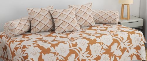 Image of Pure Soft Cotton Floral Diwan Set Covers 6 Pieces - 1 Single Bed Sheet (60 X 90) with 3 Cushion (16 X 16), 2 Bolster Covers (16 X 32) -Brown White