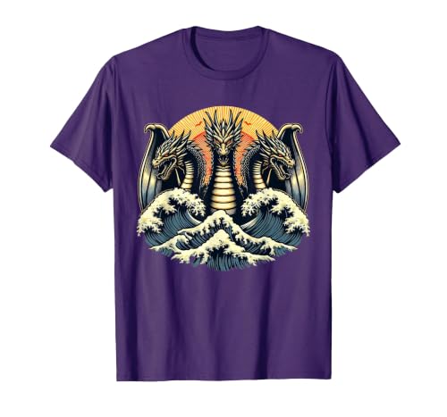 Japanese Dragon King Ghidorah Great Wave Off Kanagawa Sunset T-Shirt, Men, Purple, Small