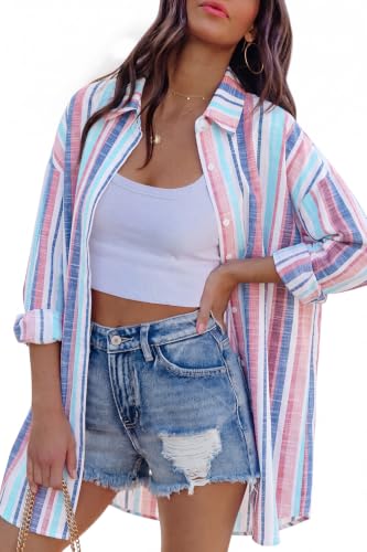 Image of FSHAOES Womens Oversized Button Down Shirts Casual Loose Long Sleeve Solid Lapel Long Blouses Tops with Pockets