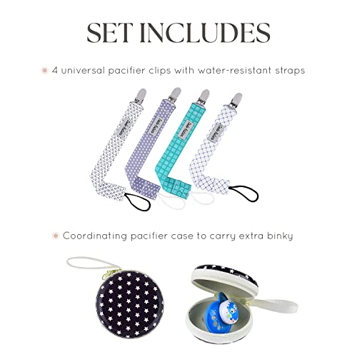 Dodo Babies Pacifier Clip Set - Four Clips Plus Binky Case – Universal Holder Fits Most Paci Brands, Teether Toys And Car Seats – Blue And Teal Prints For Girls Or Boys #TOP2