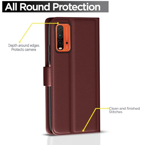 Image of Pikkme Redmi 9 Power /Poco M3 Flip Cover | Genuine PU Leather Finish | Full 360 Protection | Wallet Style | Inbuilt Pockets & Stand | Strong Magnetic Flip Case for Redmi 9 Power /Poco M3 (Brown)