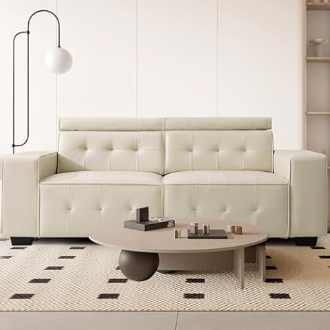 ASHOMELI 84" PU Leather Sofa, Oversized 2 Seater Couch with Adjustable Headrests, Mid-Century Modern Sofa with Deep Seats and Wide Armrests, for Living Room,Bedroom and Office (Beige) Cover
