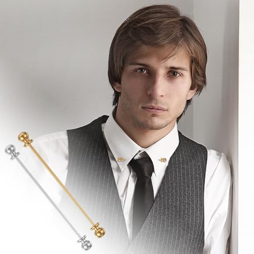 2 Pieces Collar Pin Men's Brass Ball Shirt Collar Bar Tie Pins Clip Clasp Lapel Stick Brooch Classic Collar Clips for Men(Silver, Golden) 5