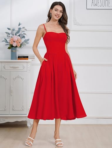 Image of ABEHIK Women Floral Corset Dress Boho Spaghetti Strap Lace Up Casual Midi Dresses with Pockets Low Cut Flowy Bustier Sundress