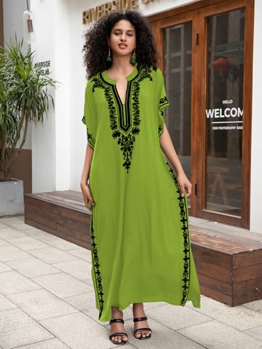 Image of KECVOT Kaftan Dresses for Women Embroidered Short Sleeve V-Neck Plus Size Caftan Bikini Swimsuit Cover-Up Long Beach Dress