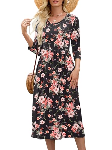 Image of Heymoments Women's Casual 3 /4 Sleeve Midi Dress Crewneck A Line Tiered Flowy Loose Travel Long Dresses with Pockets
