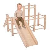 KiddyMoon Klettergerüst Indoor Holz Spielplatz Mit Rutsche Anti-Rutsch Pads Stabile Konstruktion, Beige