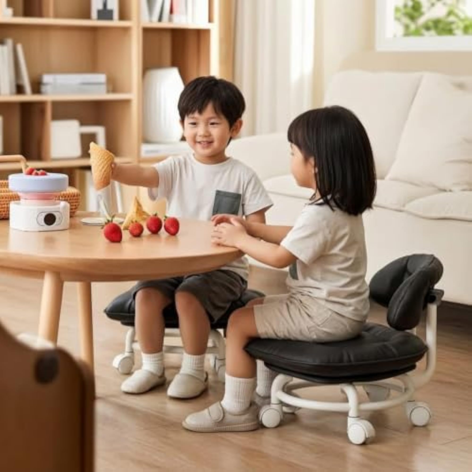 Swivel Rolling Stool with Backrest, Cushioned Mobile Chair