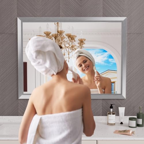 Amorho 48X36 Inch Bathroom Mirror Silver, Thick Metal Framed Wall Mirrors for Over Sink, Brushed Nickel Mirror Perfect for Bedroom, Living Room, Entryway, Rectangle (Horizontal/Vertical).