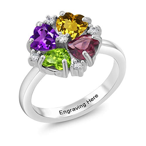 Customized 4 Gemstone Birthstone Engraved Heart Ring for Women