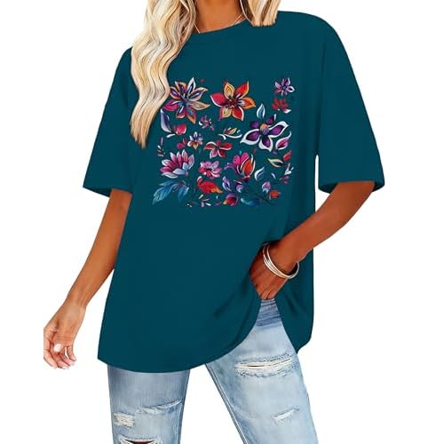 Womens Oversized T Shirts Loose Fit Graphic Tees Summer Casual Short Sleeve Tops Small Blue Purple Floral