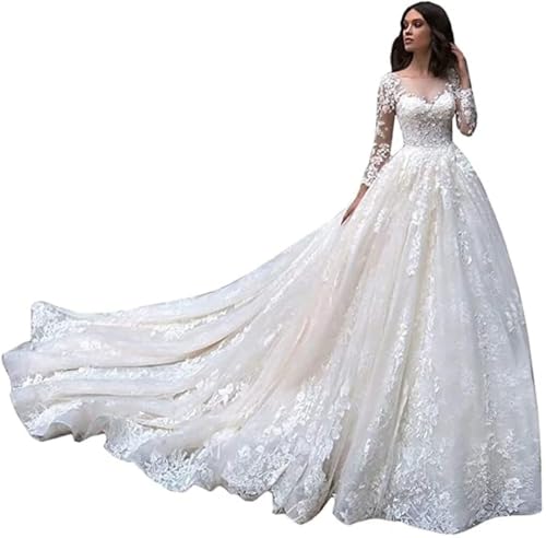 Jorshiman Long Sleeve Wedding Dresses for Bride Princess A Line Wedding Ball Gown Tulle Lace Beach Bridal Gowns with Train