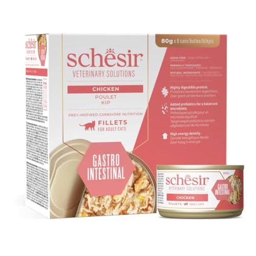 ANIMALUJOS Comida Húmeda Veterinaria Schesir para Gatos 80g – Latas en Caldo con Trocitos | Diabetic, Weight Control, Gastrointestinal, Urinary | Pack 8 uds (8 Unidades, Gastrointestinal)