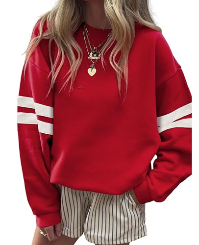 SELINK Womens Varsity Striped Oversized Sweatshirt Crewneck Long Sleeve Casual Fashion Pullover Top Fall Outfits Red-M