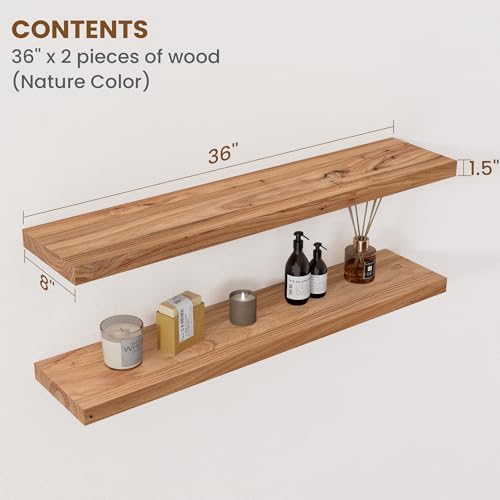 Image of Floating Shelves for Wall Decor, 8 inch Deep Rustic Solid Elm Wood Floating Shelves Wall Mounted, Wall Shelves with Invisible Bracket for Living Room Bathroom Bedroom Kitchen, 36 Inch Set of 2, Natural