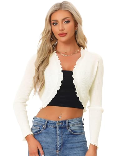 Image of Allegra K Women's Spring Crop Shrug Ruffle Trim Long Sleeve Knit Open Front Casual Bolero Cardigan