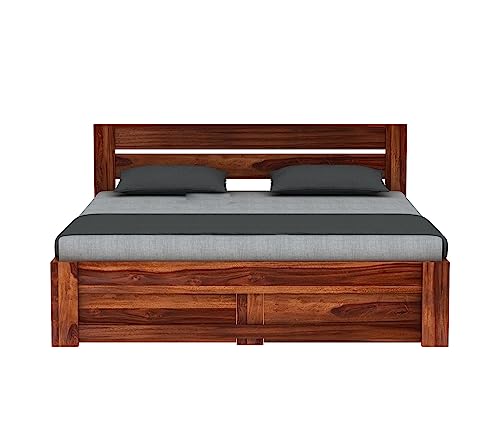 Image of MURARAKA ARTWooden Queen Size Cot with Drawer Storage - Solid Wood Queen Bed - Cot Akka Bed - Stylish Bedroom Furniture (Queen, Denzel, Honey Finish)
