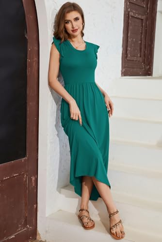 AUSELILY Damen Sommer Kurzarm Rundhalsausschnitt Lockeres Maxikleid Lässiges Hohe Taille Langes Kleid mit Taschen (Grün,M) 3