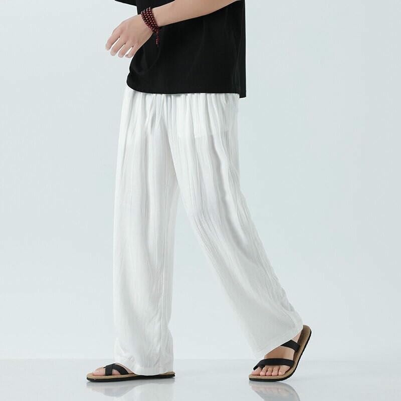 Pantalon jambe large mince en lin décontracté style chinois d'été - 2